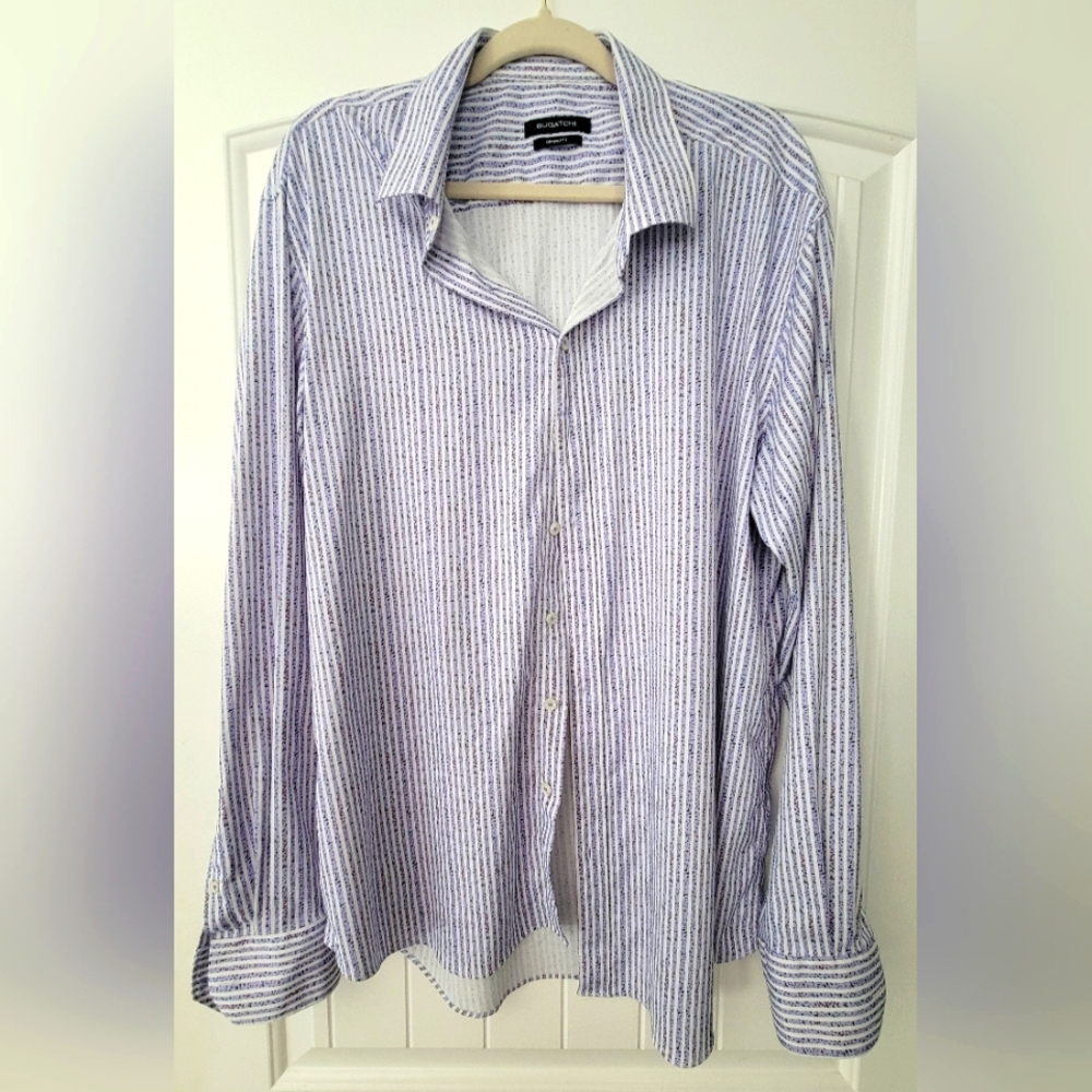 Men's Blue Striped Bugatchi Shirt With Colored Dots